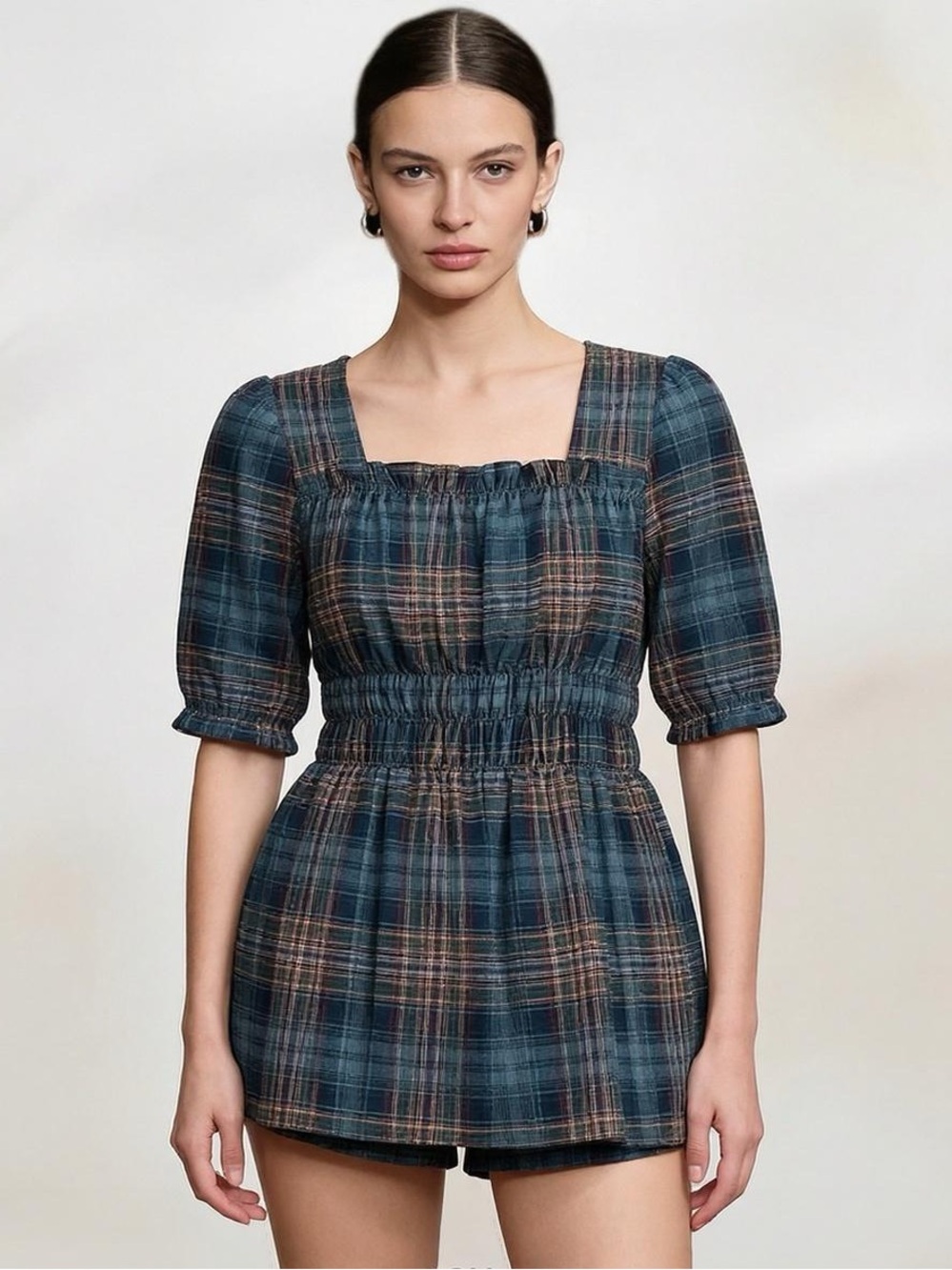 Smocked Square-Neck Plaid Tunic Top in Teal